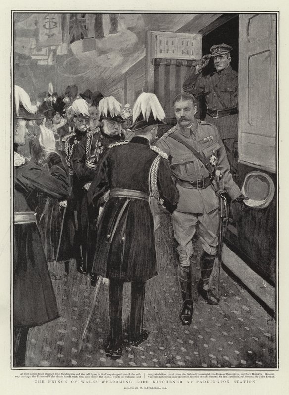 Der Prinz von Wales begrüßt Lord Kitchener am Bahnhof Paddington von William Hatherell