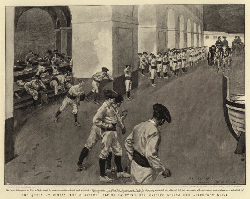 Die Königin in Cimiez, die Chasseurs Alpins grüßen Ihre Majestät während ihrer Nachmittagsfahrt von William Hatherell