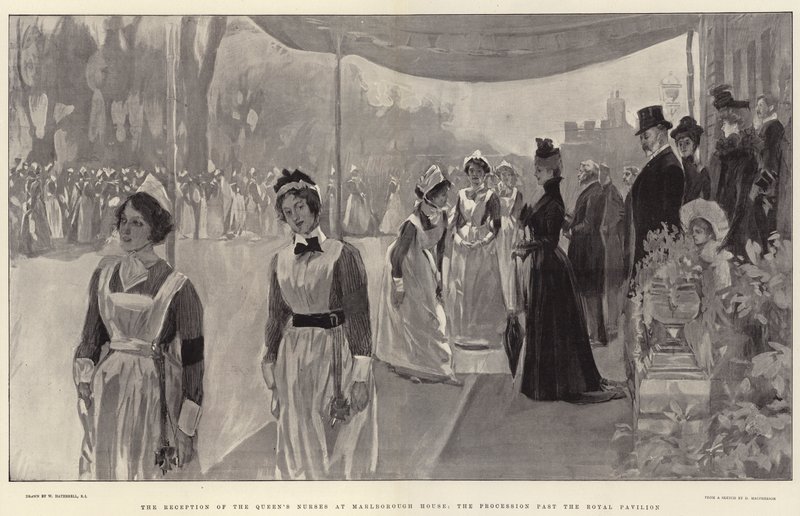 Der Empfang der Krankenschwestern der Königin im Marlborough House, der Umzug am königlichen Pavillon vorbei von William Hatherell