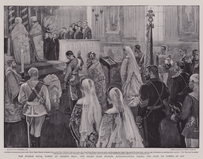 Die russische Zarenfamilie in Zarskoe Selo, der Großherzog Michael Alexandrowitsch legt den Eid ab, als er volljährig wird von William Hatherell