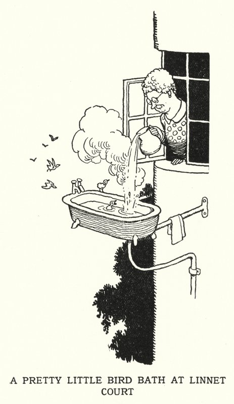 Ein hübsches kleines Vogelbad in Linnet Court von William Heath Robinson