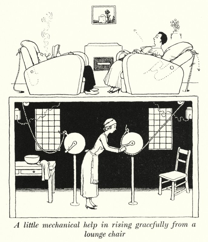 Ein wenig mechanische Hilfe, um anmutig aus einem Sessel aufzustehen (Lithografie) von William Heath Robinson