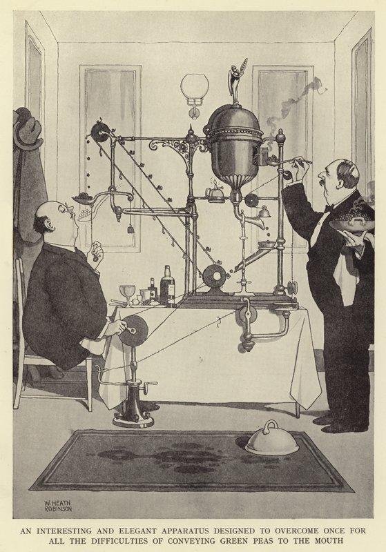 Ein interessantes und elegantes Gerät, entworfen, um die Schwierigkeiten des Erbsenessen zu überwinden von William Heath Robinson