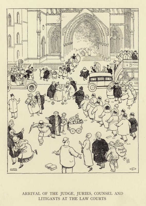 Ankunft des Richters, der Geschworenen, der Anwälte und der Prozessparteien an den Gerichten von William Heath Robinson