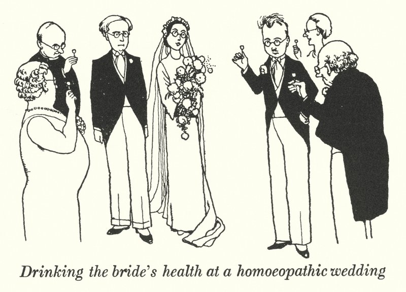 Auf das Wohl der Braut trinken bei einer homöopathischen Hochzeit (Lithografie) von William Heath Robinson
