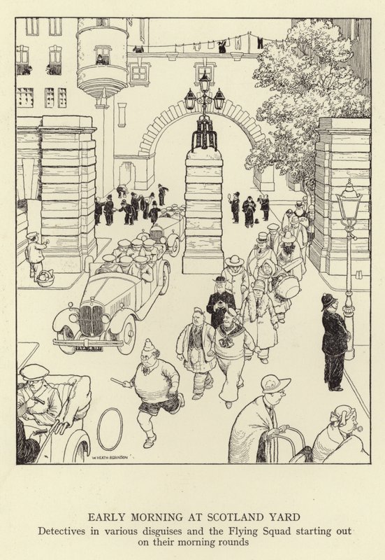 Früher Morgen bei Scotland Yard, Detektive in verschiedenen Verkleidungen und die Flying Squad beginnt ihre morgendlichen Runden von William Heath Robinson