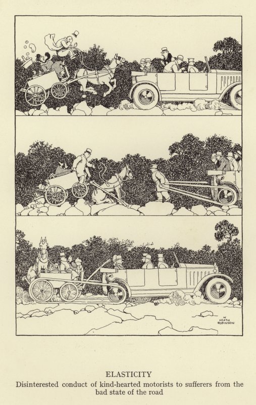 Elastizität, uneigennütziges Verhalten gutherziger Autofahrer gegenüber Leidenden aufgrund des schlechten Straßenzustands von William Heath Robinson