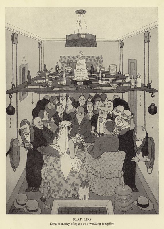 Flaches Leben, vernünftige Raumnutzung bei einem Hochzeitsbankett von William Heath Robinson