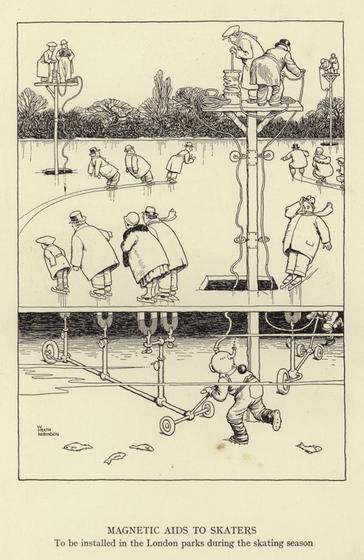 Magnetische Hilfen für Schlittschuhläufer, die während der Schlittschuhsaison in den Londoner Parks installiert werden sollen von William Heath Robinson
