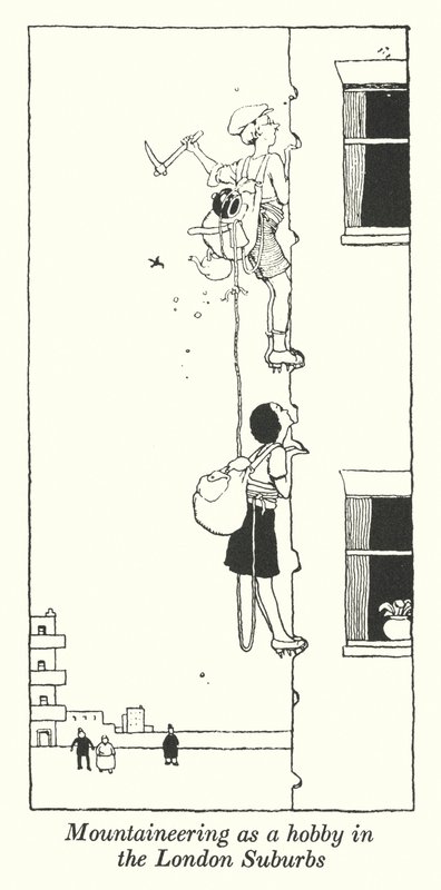 Bergsteigen als Hobby in den Londoner Vororten (Lithografie) von William Heath Robinson