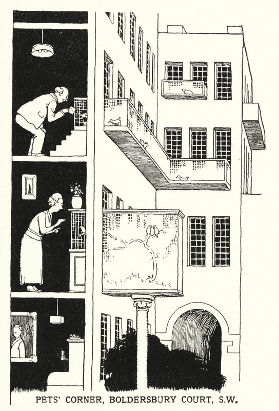 Haustierecke, Boldersbury Court, SW von William Heath Robinson