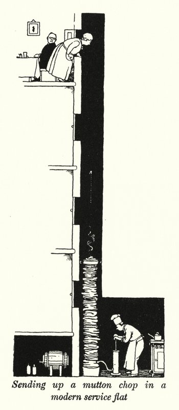 Ein Mutton Chop in einer modernen Service-Wohnung hochschicken (Lithografie) von William Heath Robinson