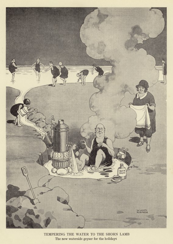 Das Wasser für das geschorene Lamm temperieren, der neue Geysir am Wasserufer für die Feiertage von William Heath Robinson