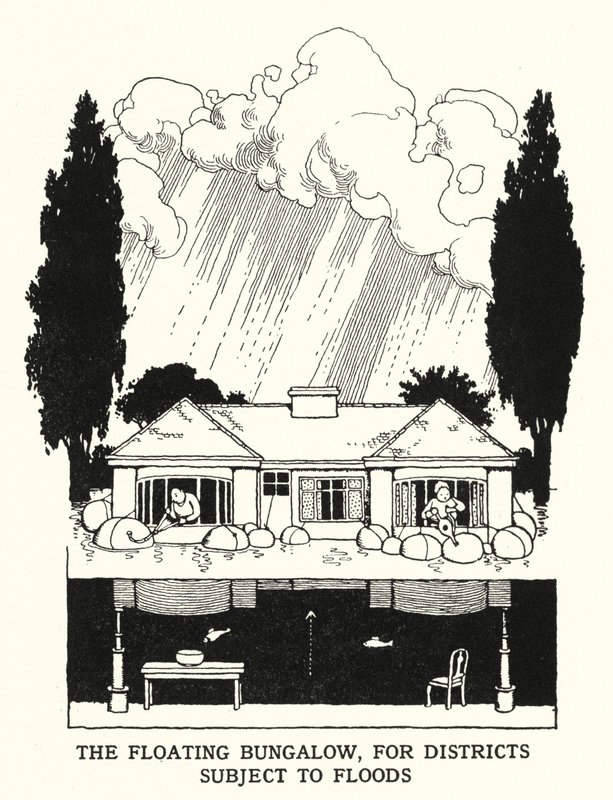 Das schwimmende Bungalow für hochwassergefährdete Gebiete von William Heath Robinson