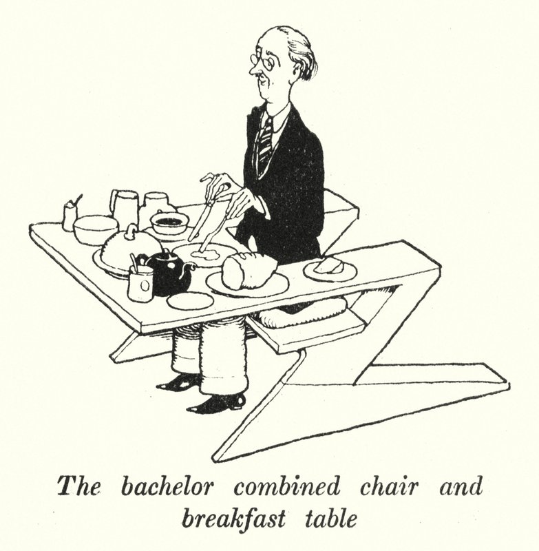Der Junggesellen-Kombinationsstuhl und Frühstückstisch von William Heath Robinson
