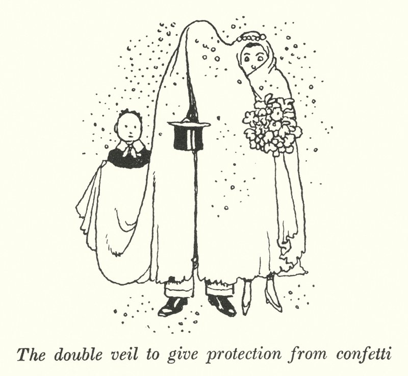 Der doppelte Schleier zum Schutz vor Konfetti (Lithografie) von William Heath Robinson