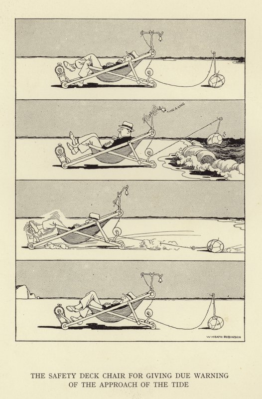 Der Sicherheitsliegestuhl zur Warnung vor der Annäherung der Flut von William Heath Robinson