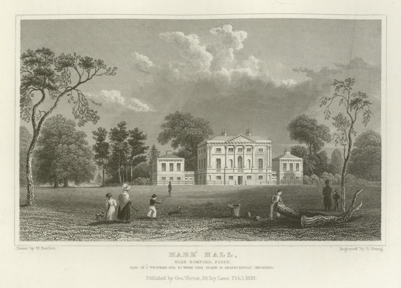 Hare Hall, in der Nähe von Romford, Essex, Sitz von J. Western, Esquire von William Henry Bartlett
