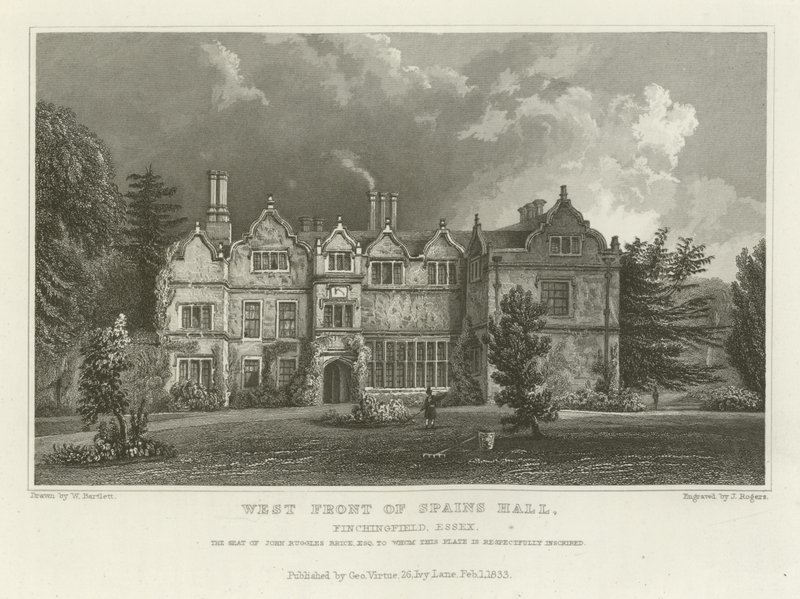 Westfront von Spains Hall, Finchingfield, Essex, der Sitz von John Ruggles Brice, Esquire von William Henry Bartlett