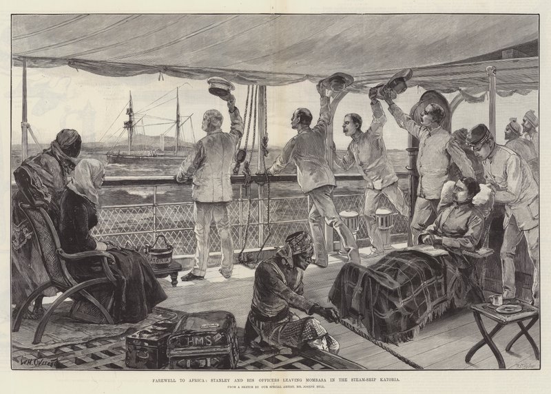 Abschied von Afrika, Stanley und seine Offiziere verlassen Mombasa im Dampfschiff Katoria von William Heysham Overend