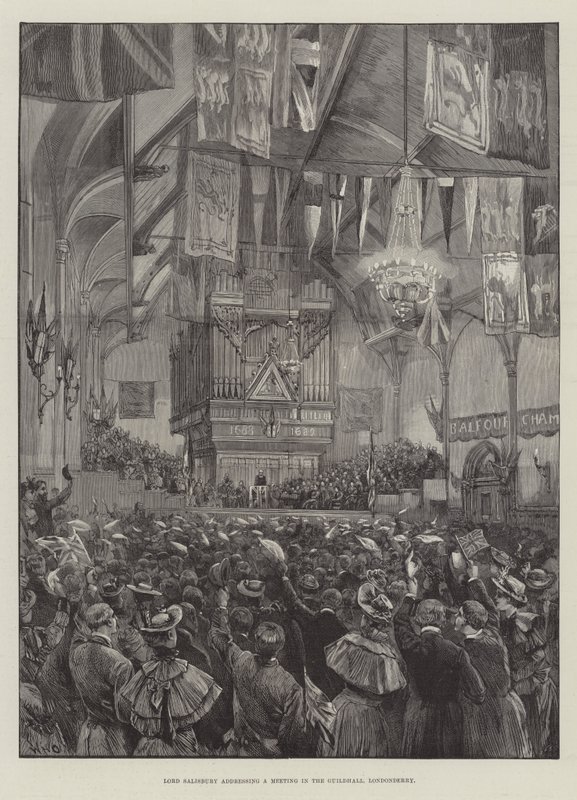 Lord Salisbury spricht bei einem Treffen in der Guildhall, Londonderry von William Heysham Overend