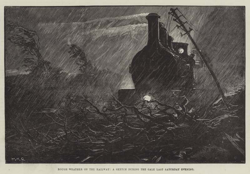 Raues Wetter auf der Eisenbahn, eine Skizze während des Sturms letzten Samstagabend von William Heysham Overend