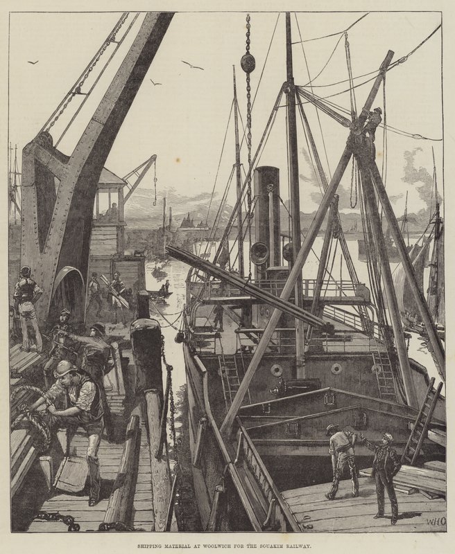 Verladung von Material in Woolwich für die Souakim-Eisenbahn von William Heysham Overend