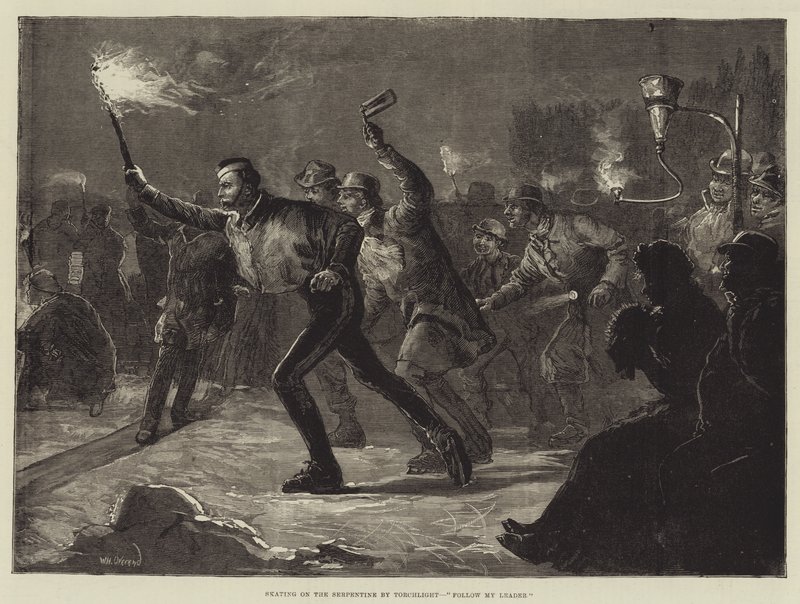 Schlittschuhlaufen auf der Serpentine bei Fackellicht, Folge meinem Anführer von William Heysham Overend