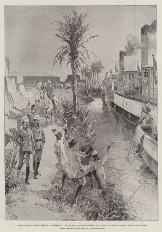 Der Vormarsch auf Dongola, Ankunft der Kanonenboote in Kosheh von Wady Halfa, eine einheimische Begrüßungsdemonstration von William Heysham Overend