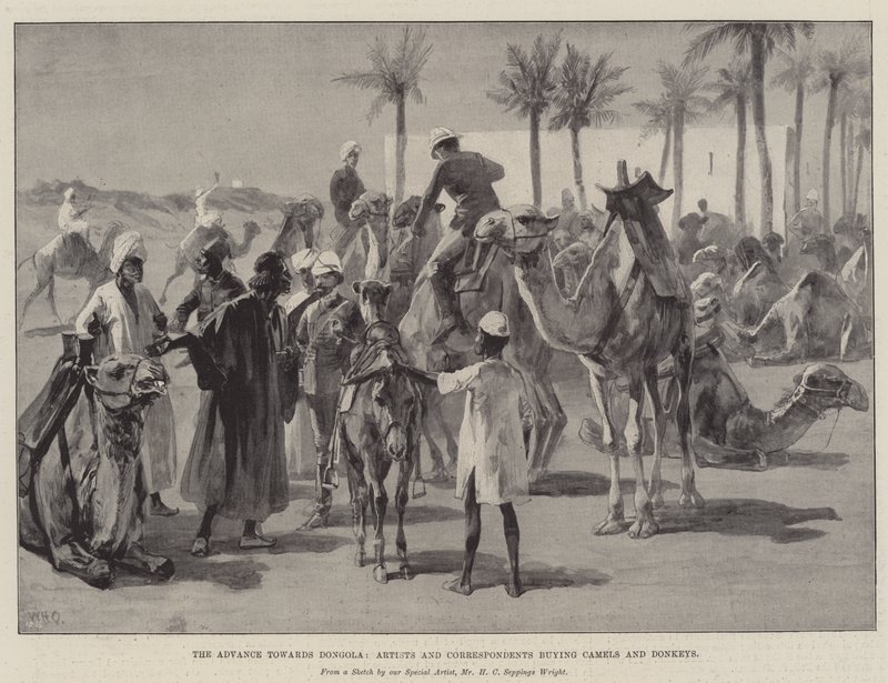 Der Vormarsch nach Dongola, Künstler und Korrespondenten kaufen Kamele und Esel von William Heysham Overend