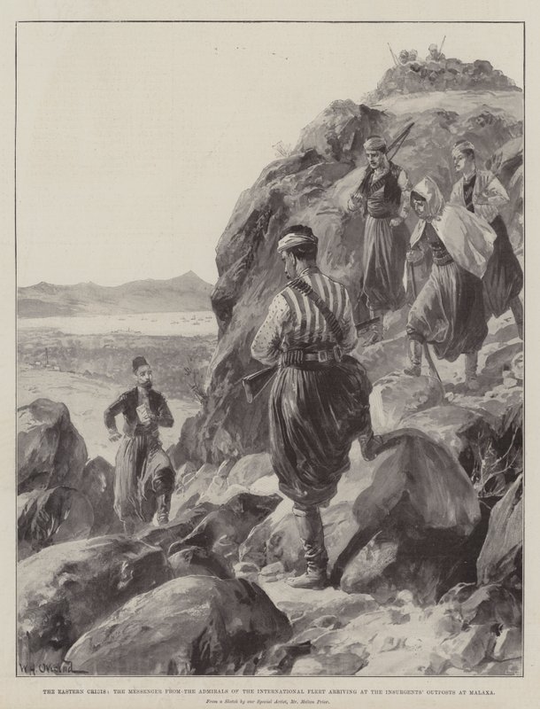 Die östliche Krise, der Bote der Admirale der internationalen Flotte erreicht die Vorposten der Aufständischen in Malaxa von William Heysham Overend