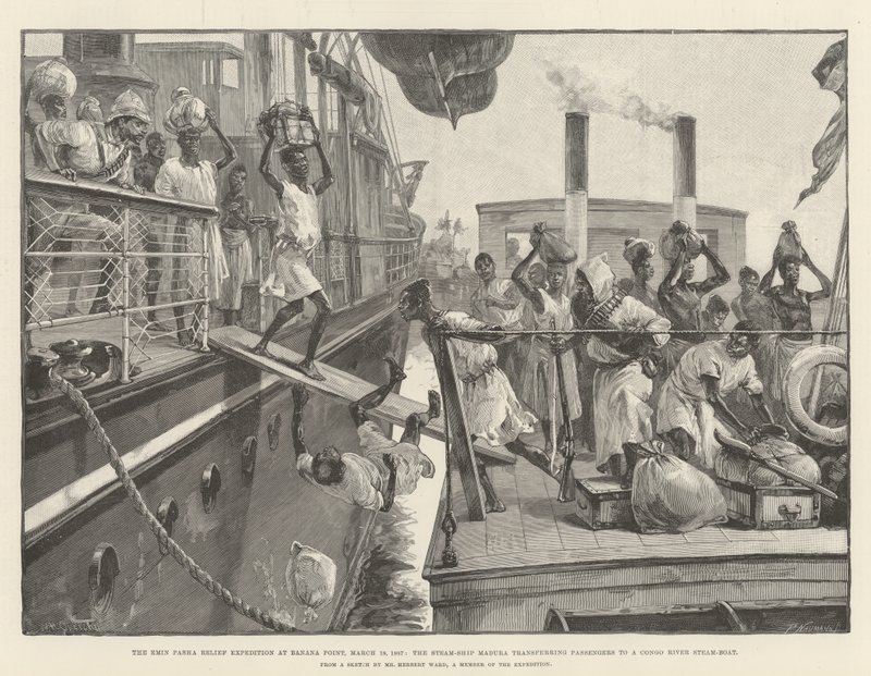 Die Emin-Pascha-Entlastungsexpedition am Banana Point, 18. März 1887, das Dampfschiff Madura überträgt Passagiere auf ein Kongofluss-Dampfschiff von William Heysham Overend