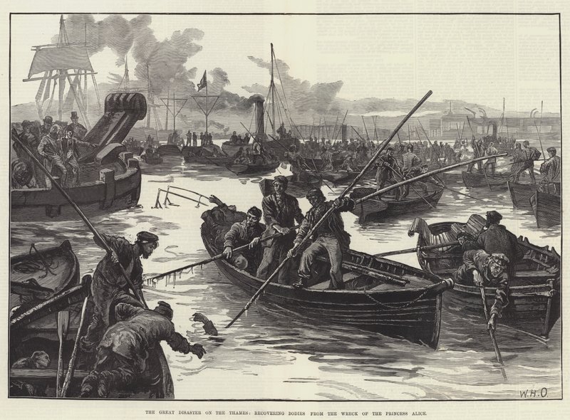 Die große Katastrophe auf der Themse, Bergung von Leichen aus dem Wrack der Princess Alice von William Heysham Overend