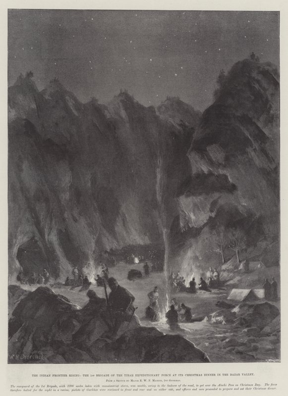 Der Aufstand an der indischen Grenze, das 1. Brigade der Tirah-Expeditionsstreitkräfte beim Weihnachtsessen im Bazar-Tal von William Heysham Overend