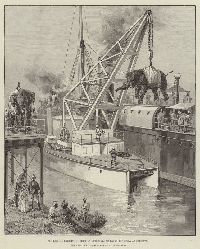 Die Looshai-Expedition, Elefanten an Bord der Simla in Kalkutta verladen von William Heysham Overend