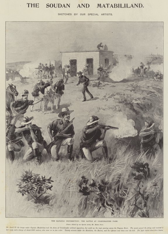 Der Matabili-Aufstand, die Schlacht bei der Colenbrander-Farm von William Heysham Overend