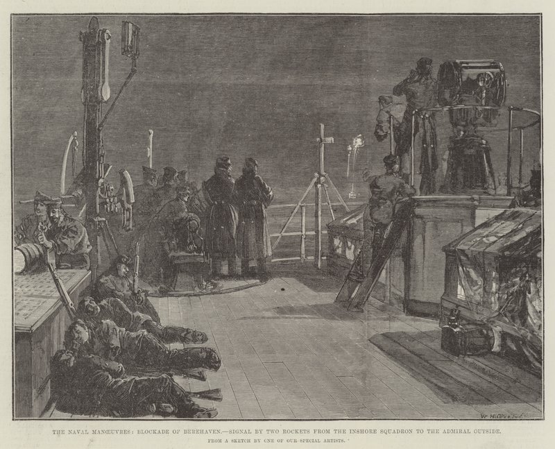 Die Marine-Manöver, Blockade von Berehaven, Signal durch zwei Raketen vom Küstengeschwader zum Admiral draußen von William Heysham Overend