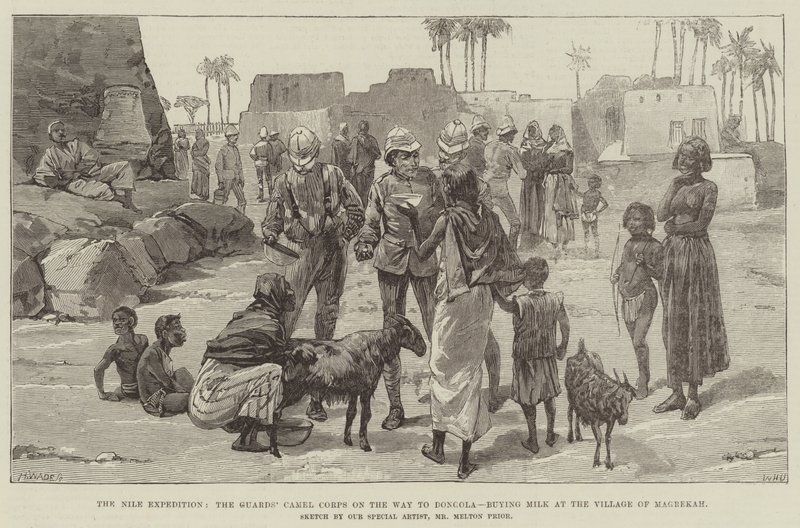 Die Nil-Expedition, das Kamelkorps der Wachen auf dem Weg nach Dongola, Milch kaufen im Dorf Magrekah von William Heysham Overend