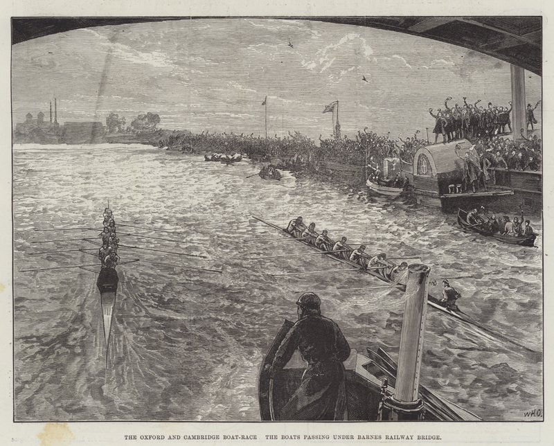 Das Oxford und Cambridge Bootsrennen, die Boote passieren die Barnes Railway Bridge von William Heysham Overend