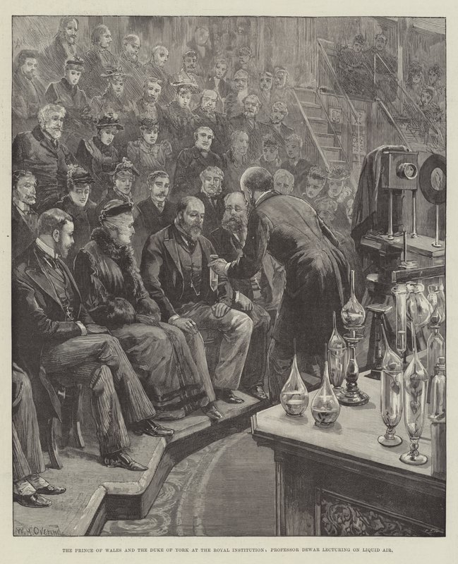 Der Prinz von Wales und der Herzog von York an der Royal Institution, Professor Dewar hält einen Vortrag über flüssige Luft von William Heysham Overend