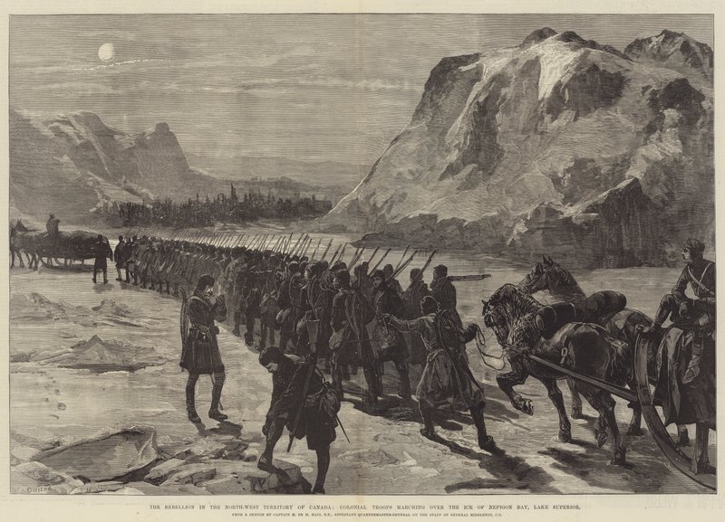Die Rebellion im Nordwest-Territorium Kanadas, Kolonialtruppen marschieren über das Eis der Nepigon-Bucht, Oberer See von William Heysham Overend