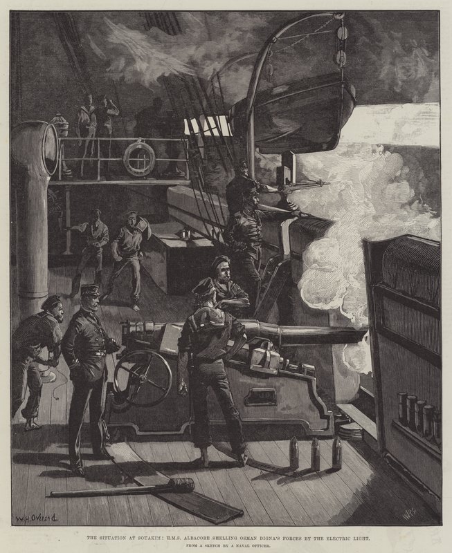 Die Situation in Souakim, HMS Albacore beschießt Osman Dignas Truppen mit elektrischem Licht von William Heysham Overend
