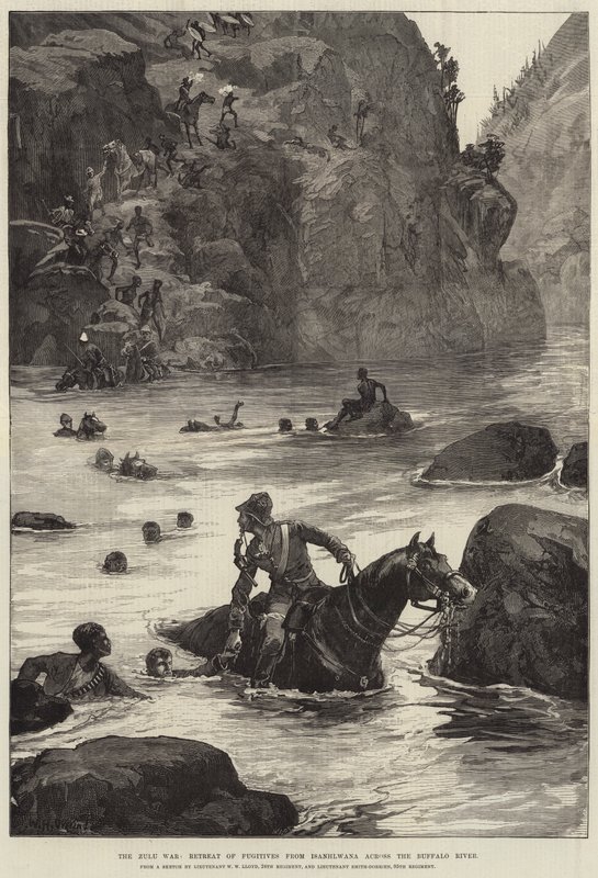 Der Zulukrieg, Rückzug der Flüchtlinge von Isanhlwana über den Buffalo River von William Heysham Overend