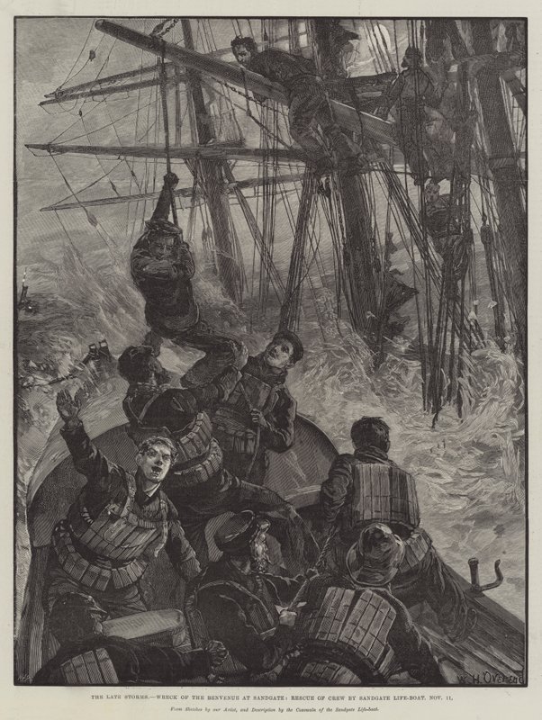 Die letzten Stürme, Wrack der Benvenue in Sandgate, Rettung der Besatzung durch das Sandgate-Rettungsboot, 11. November von William Heysham Overend