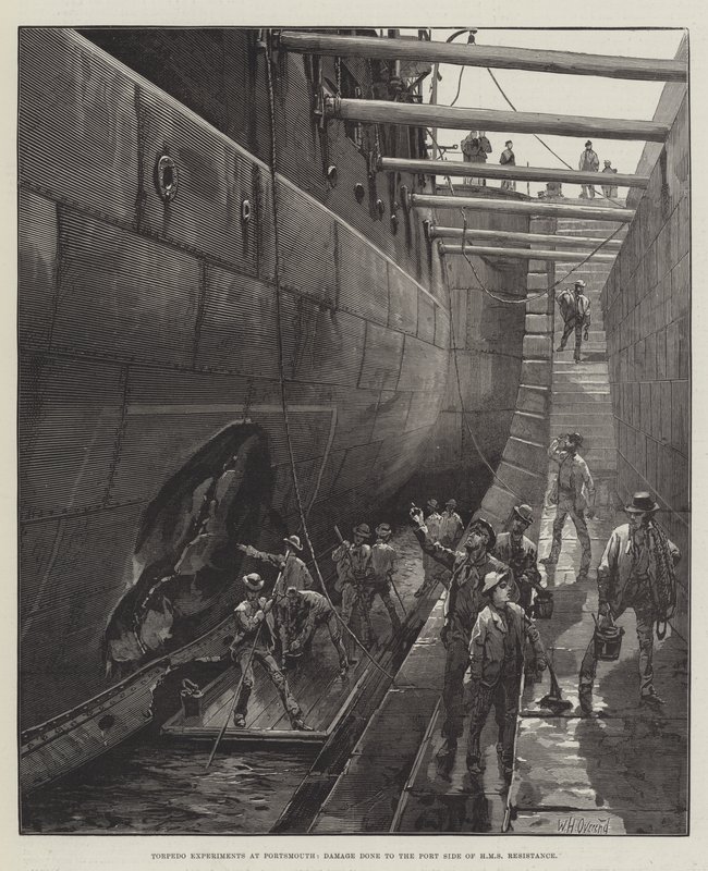 Torpedo-Experimente in Portsmouth, Schaden an der Backbordseite der HMS Resistance von William Heysham Overend