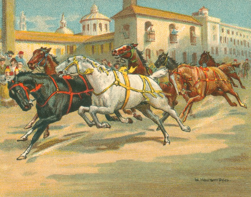 Historische und moderne Rennen, Reiterlose Pferderennen in Italien (Chromolithografie) von William Hounsom Byles