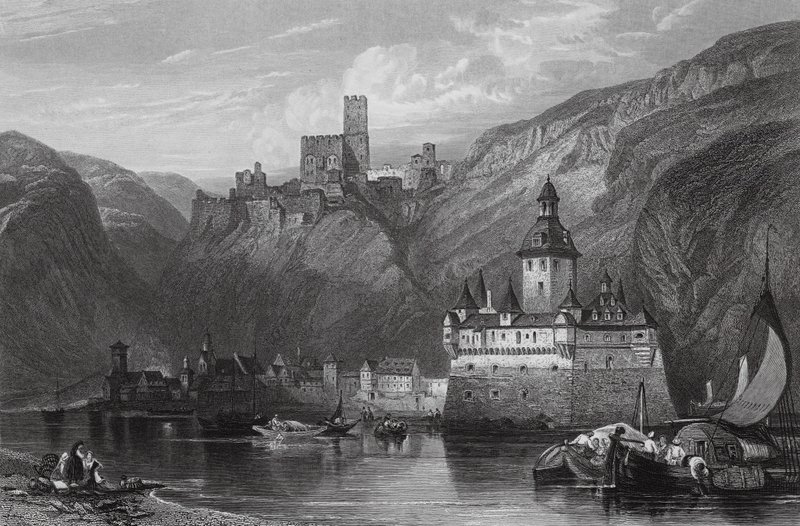 Caub, Burg Gutenfels und die Pfalz, Rhein von William Leighton (after) Leitch