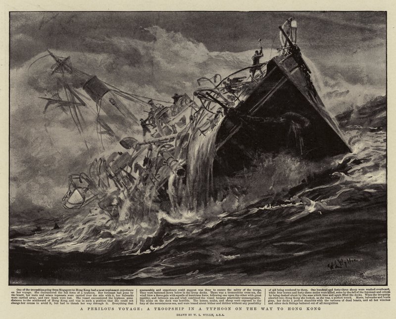 Eine gefährliche Reise, ein Truppenschiff in einem Taifun auf dem Weg nach Hongkong von William Lionel Wyllie
