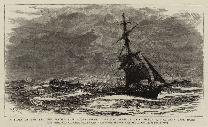 Eine Geschichte des Meeres, das britische Schiff Northbrook am Tag nach einem Sturm, 4. März 1885, nahe Kap Hoorn von William Lionel Wyllie