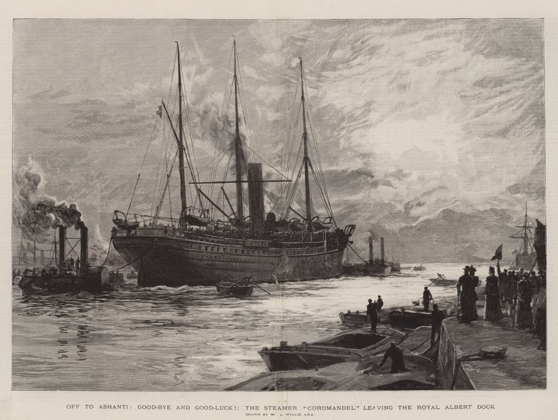 Auf nach Ashanti, Auf Wiedersehen und Viel Glück!, der Dampfer Coromandel verlässt den Royal Albert Dock von William Lionel Wyllie